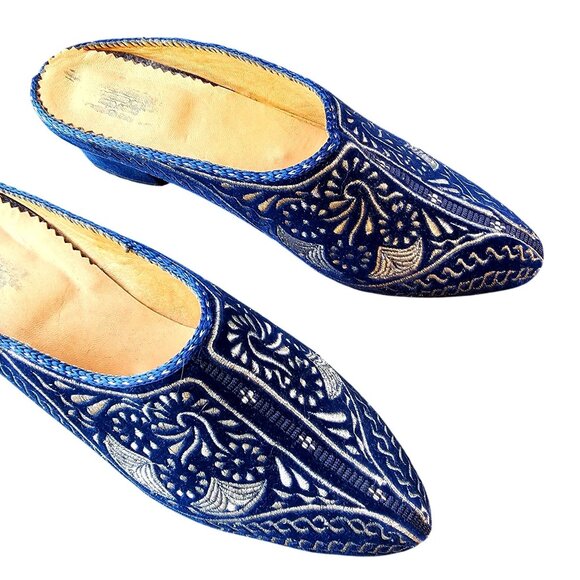 Vintage Blue Velvet Mules Atelier Friquia Moroccan Embroidered Heels 8 – 8.5 - Picture 5 of 10